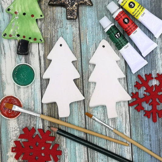 Set Of 2 DIY Ceramic Christmas Tree Ornaments Craft Kit, Unpainted Ceramic Bisque Ready To Paint - Ceramica Ana Rafael