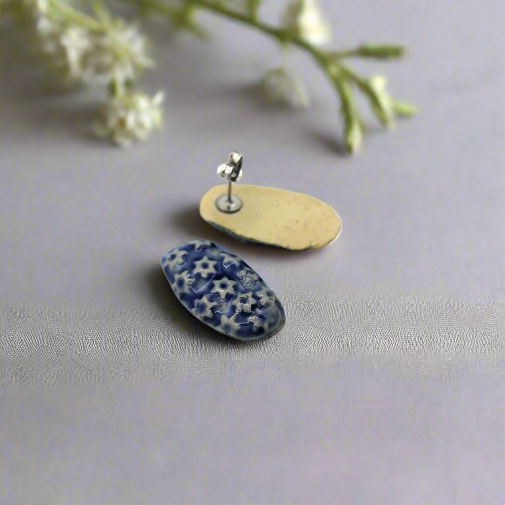 Blue Clay Stud Earrings with Flower Texture | Handmade Ceramic Jewelry for Women