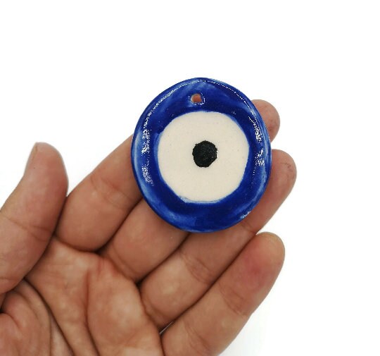 Large evil eye pendant for necklace, ceramic pendants for jewelry making supplies, DIY gift for mom, bohemian pendant round - Ceramica Ana Rafael