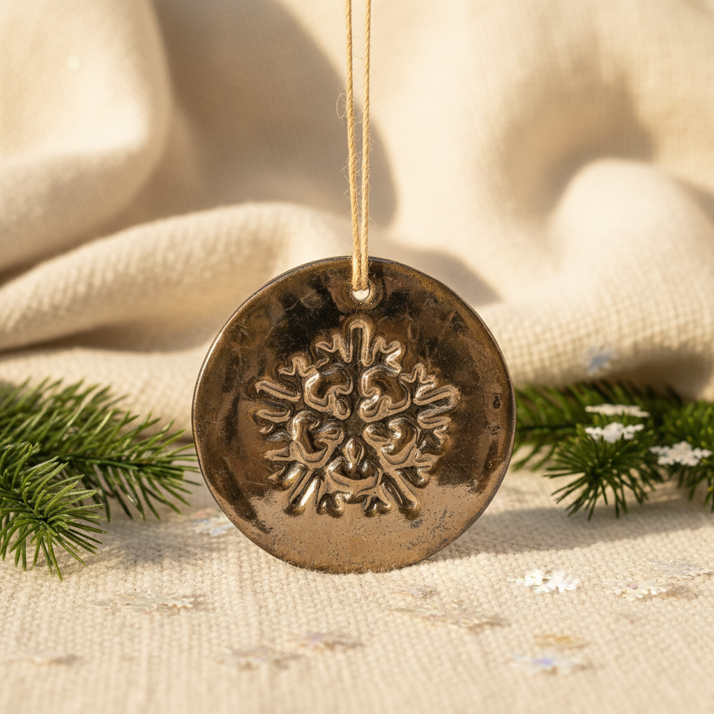 Gold ceramic snowflake ornament styled with greenery