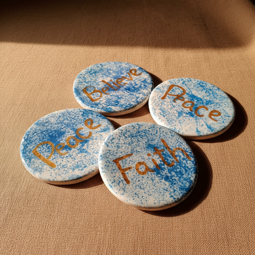 Blue ceramic coaster with inspirational word on table