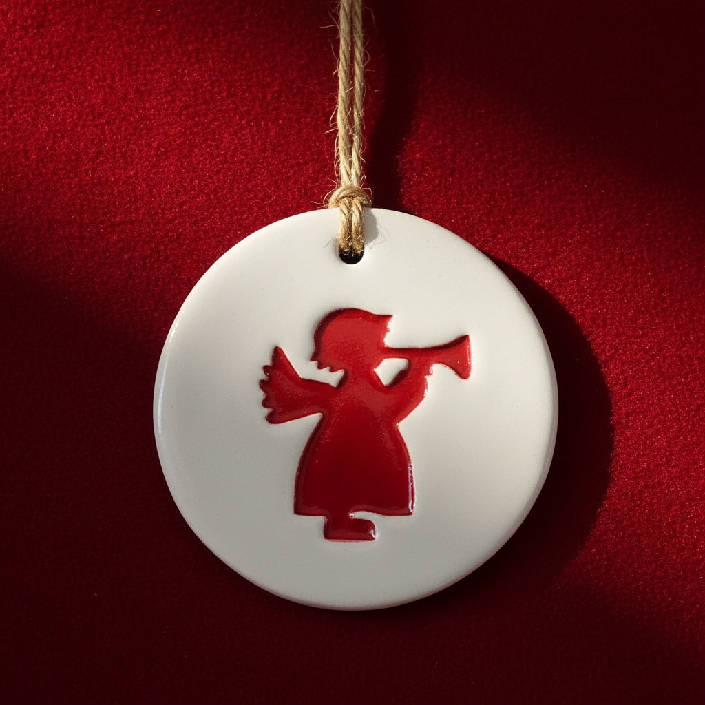 Handmade red and white ceramic angel ornament with hanging cord
