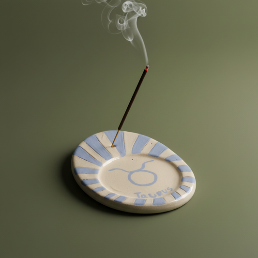 Handmade blue and white Taurus ceramic incense holder