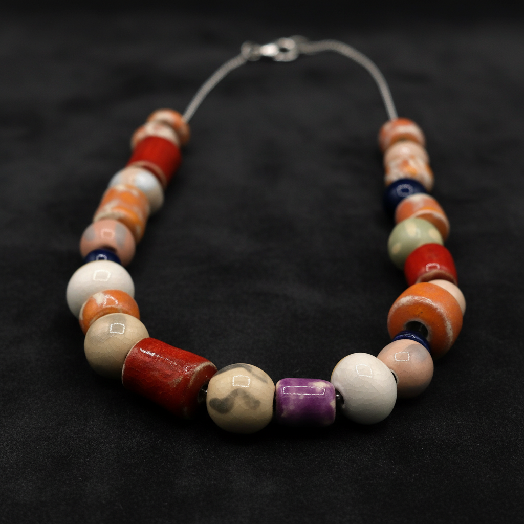 Colorful clay beads in a handmade necklace