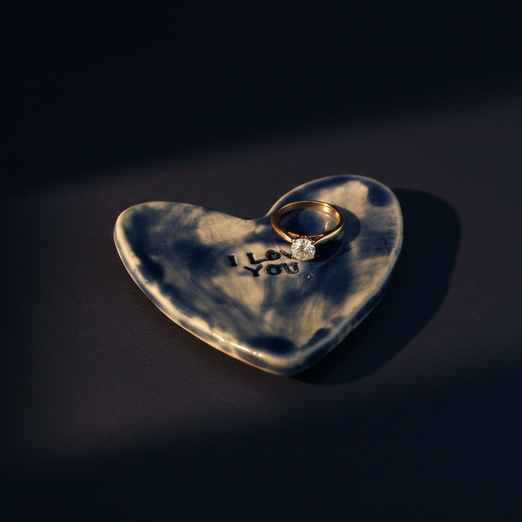 Blue handmade ceramic heart ring dish close-up