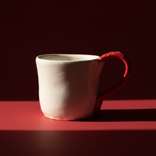 Red and white pottery coffee mug close-up