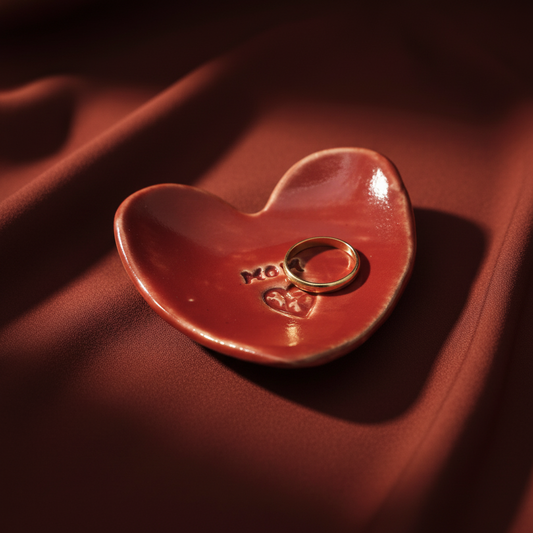 Red ceramic heart trinket tray close-up