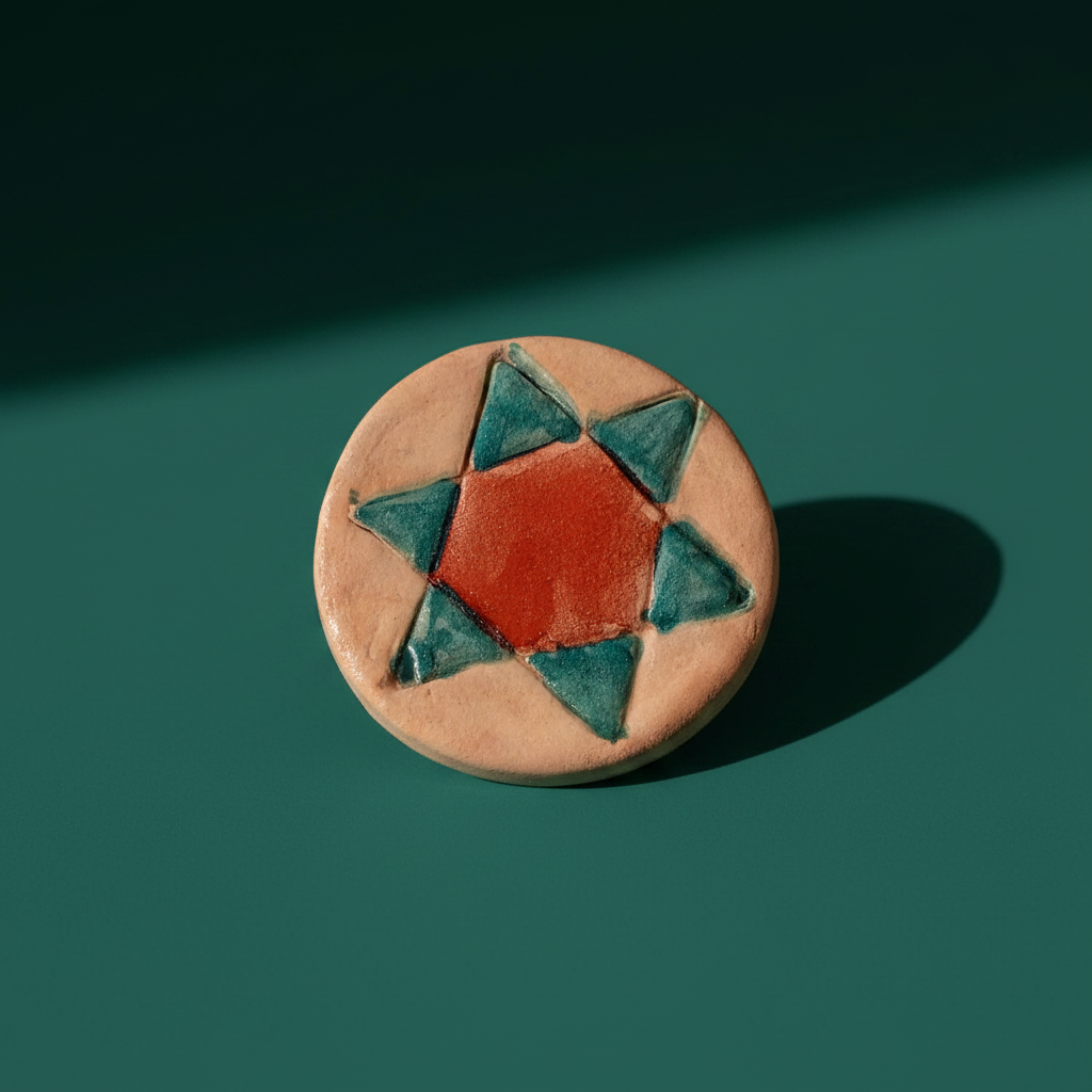 Red and green ceramic star pin close-up