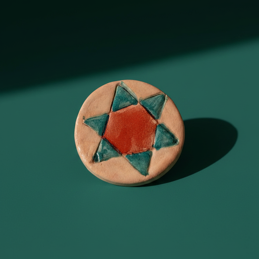 Red and green ceramic star pin close-up