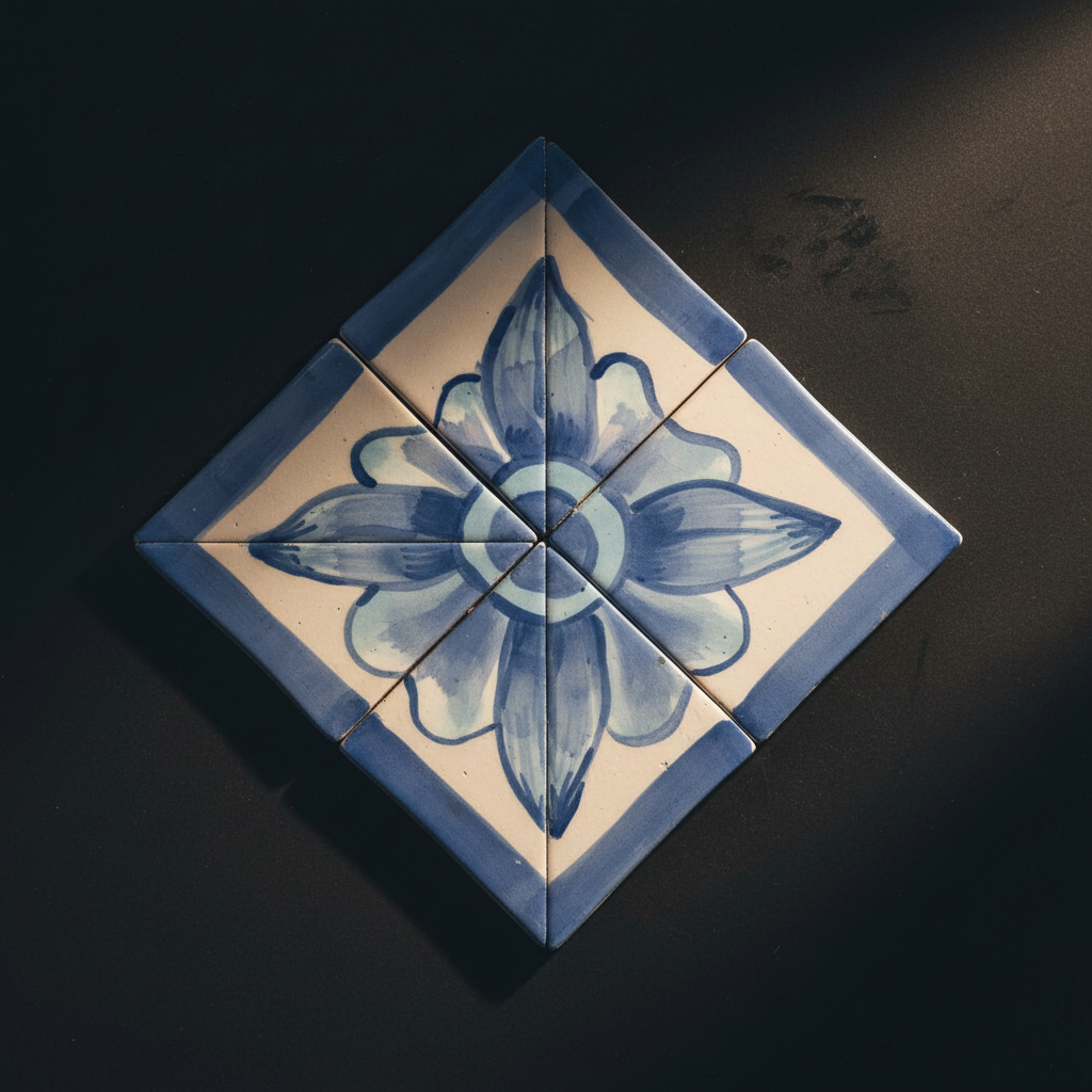 Close-up of a hand-painted blue and white ceramic tile panel