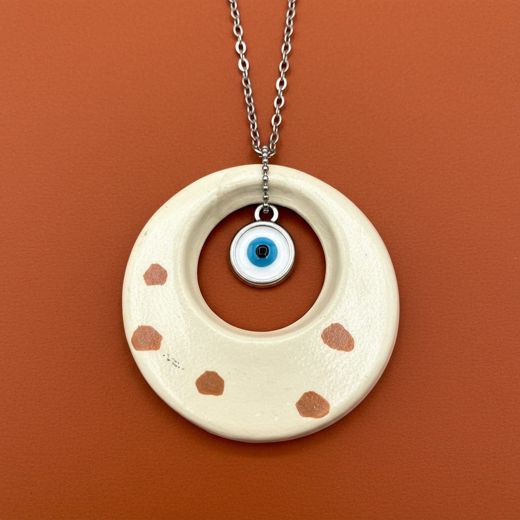 Handmade ceramic evil eye pendant necklace