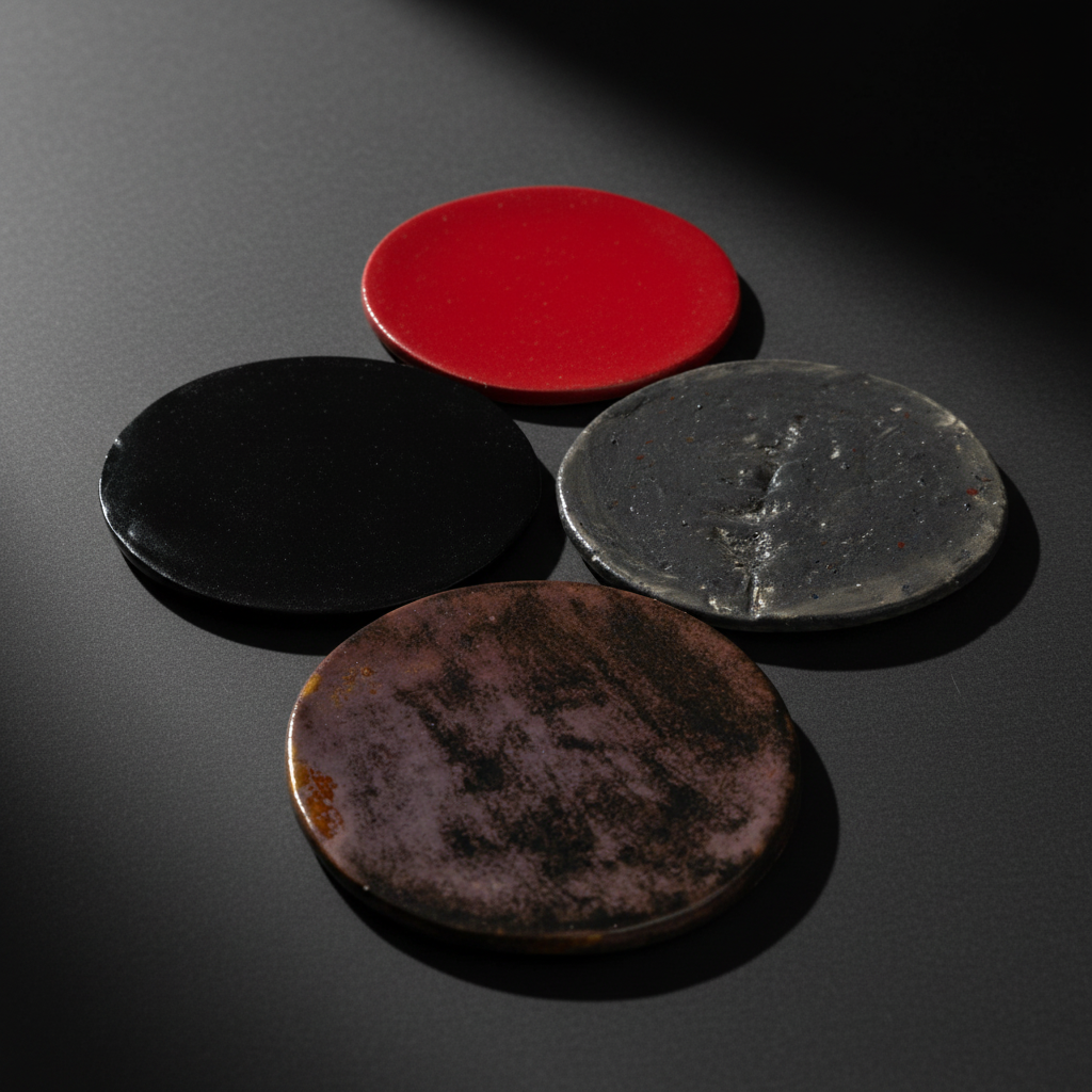 Set of four handmade round ceramic coasters with cork backing