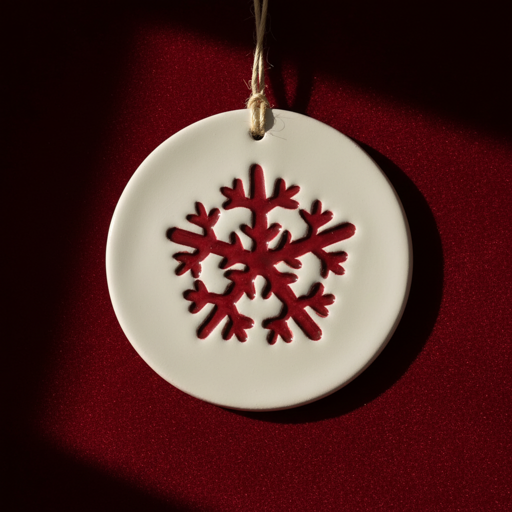 Nordic-inspired red ceramic snowflake Christmas ornament