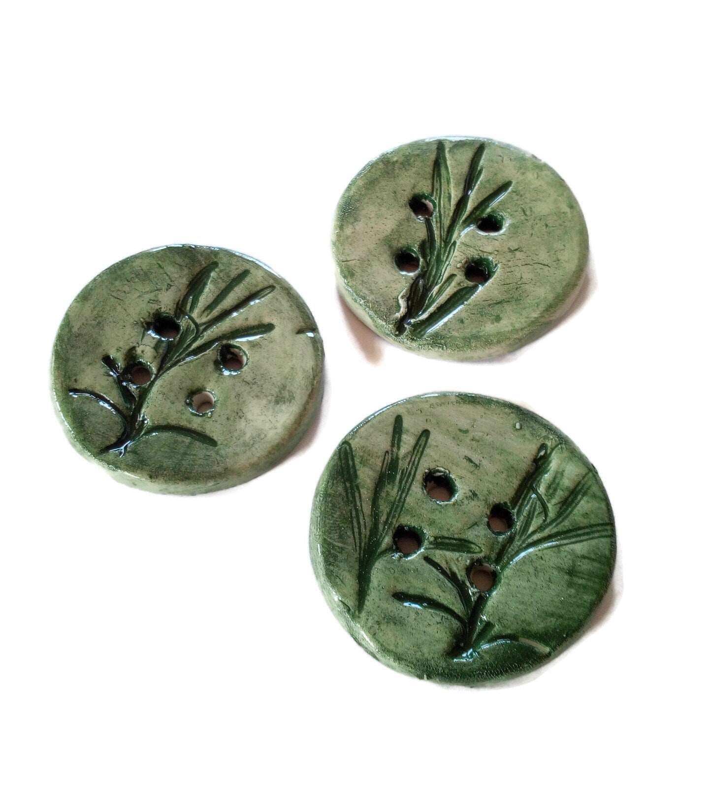 3Pcs 45mm Extra Large Handmade Ceramic Buttons, Round Sewing Buttons, Unique Rosemary Leaves Handmade Pottery Designer Buttons For Crafts - Ceramica Ana Rafael