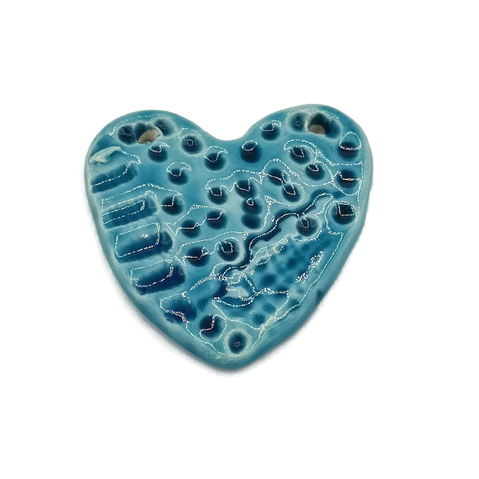 1Pc 55mm Handmade Ceramic Large Blue Heart Pendant For Necklace For Women, Jewelry Making Accessories, 2 Holes Unique Textured Clay Charms