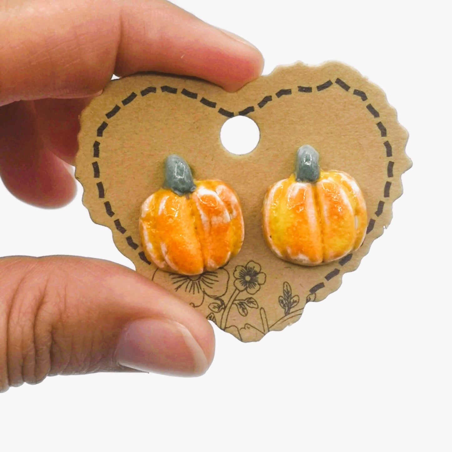 Handmade Ceramic Pumpkin Stud Earrings For Women- Orange Cute Halloween Jewelry Gift For Girls - Ceramica Ana Rafael