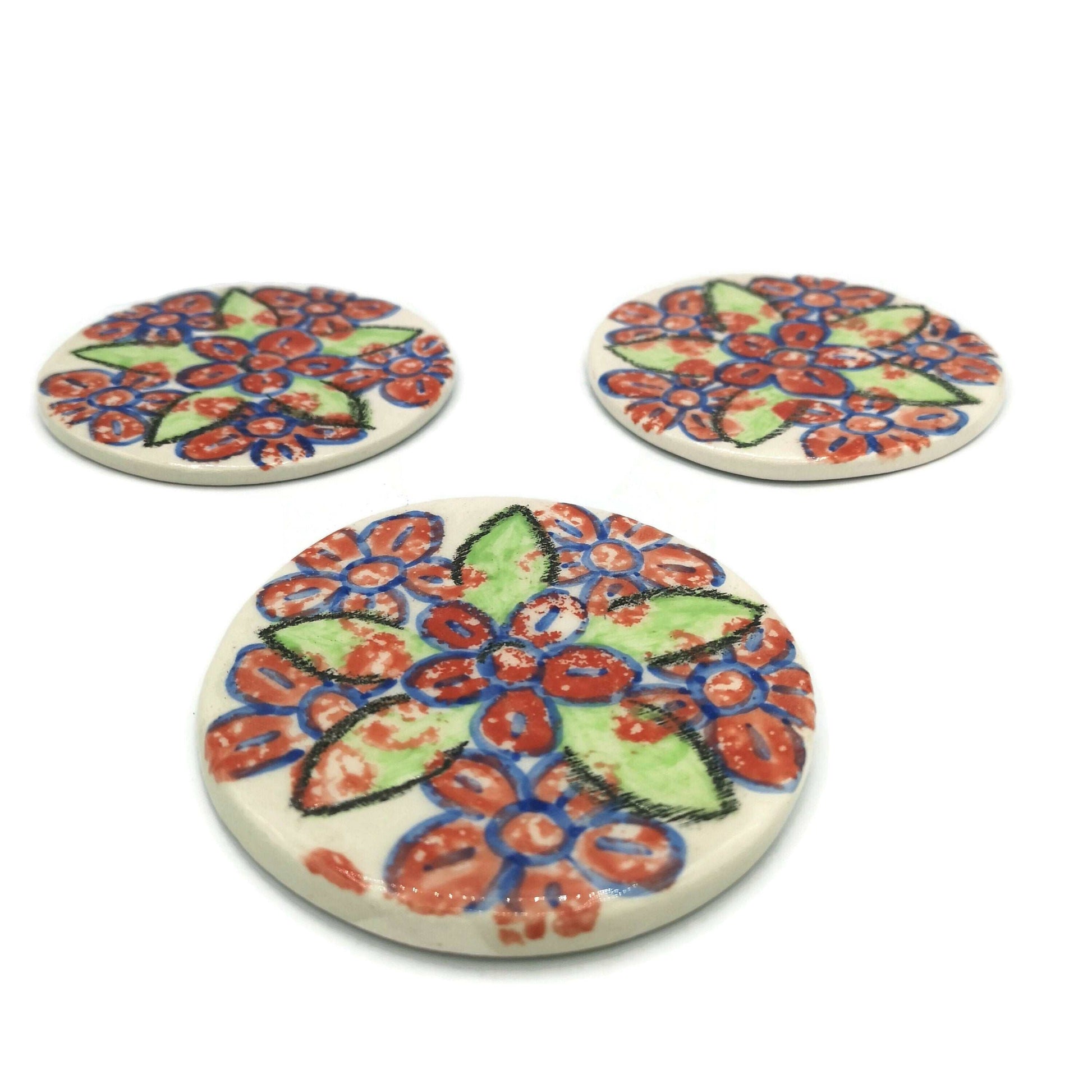 1Pc Handpainted Floral Large Handmade Ceramic Coaster Tile, Office Desk Accessories for Women, Cork Backing Round Artisan Botanical Coaster