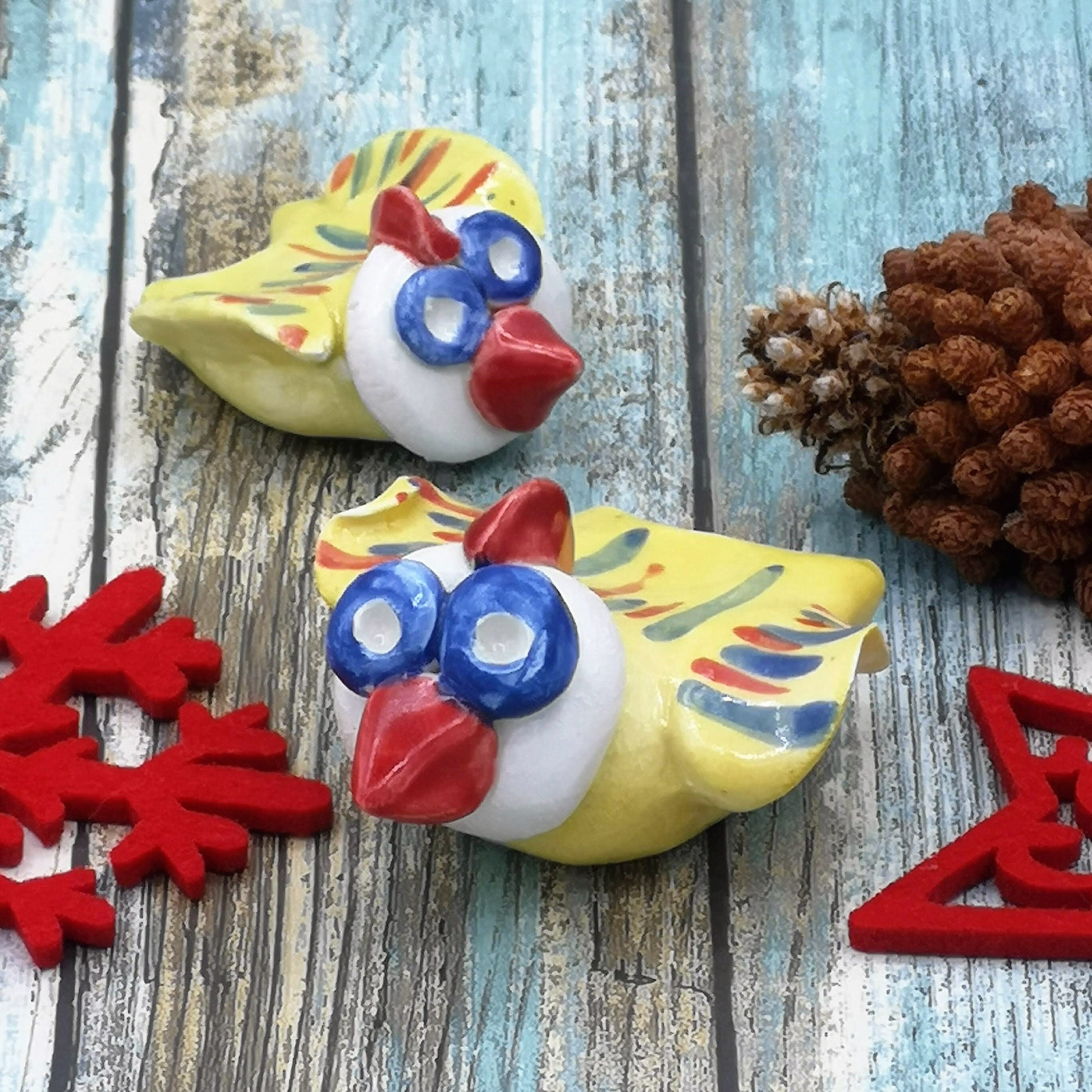 Handmade Ceramic Bird Sculpture Hand Painted Yellow, Modern Rooster Figurine, Cute Clay Sculpture Chicken Gifts, Reusable Animal Cake Topper - Ceramica Ana Rafael