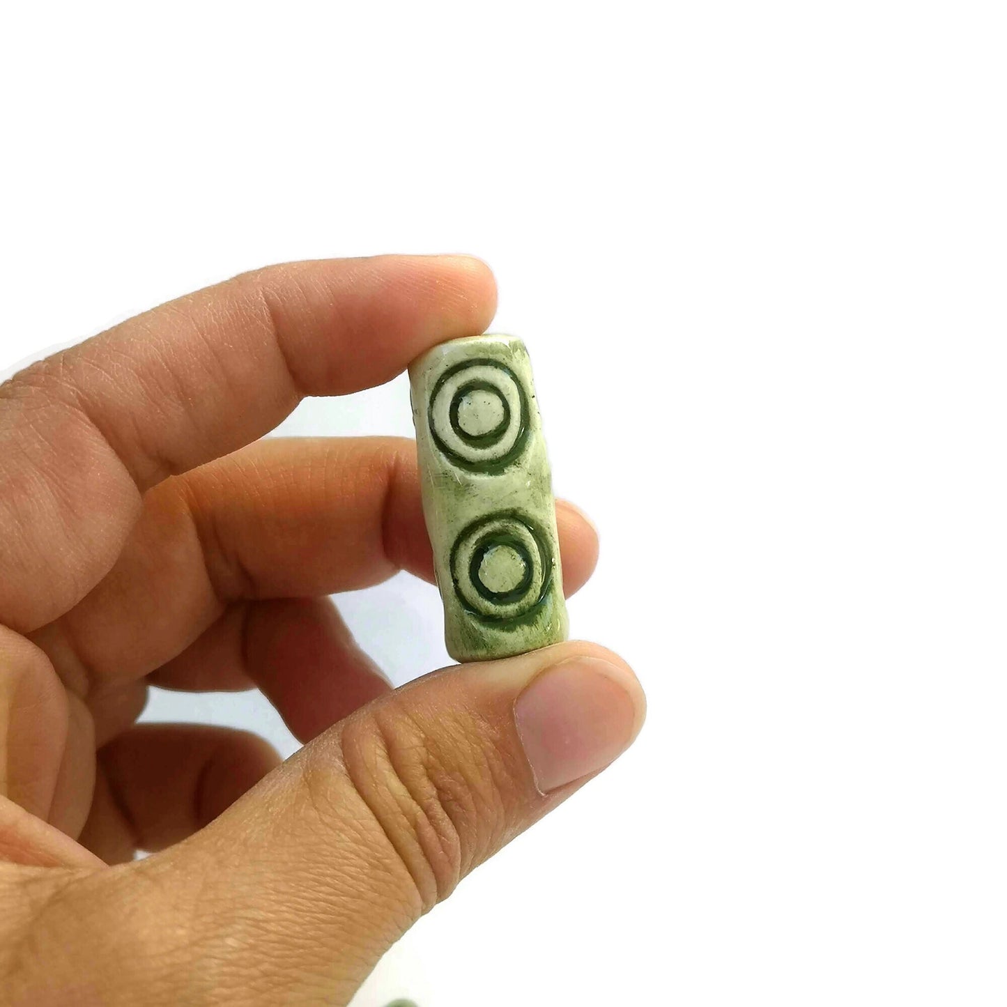 6 Pcs Unique Macrame Beads Large Hole 4 mm, Ceramic Tube Beads 30mm Long For Jewelry Making, Best Sellers Green Clay Beads - Ceramica Ana Rafael