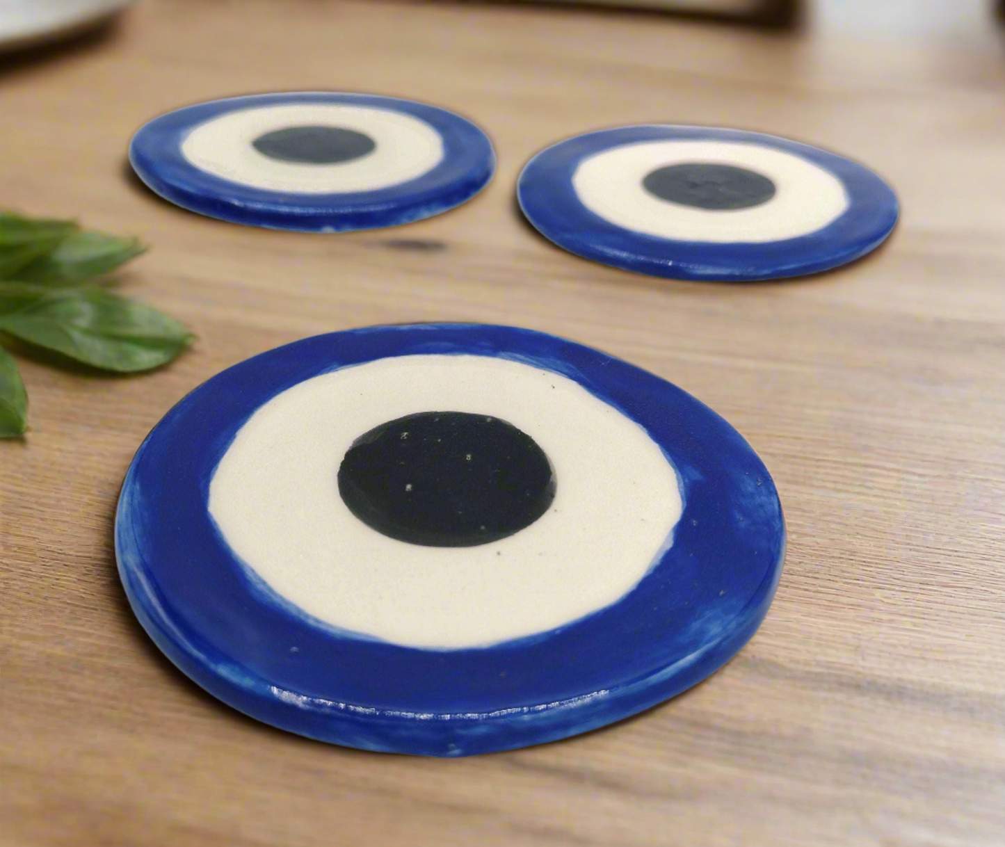 Handmade Blue Ceramic Evil Eye Coaster – Artisan Round Drink Coaster with Cork Backing – Unique Gift for Women – Best Seller for Home Decor