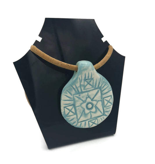 Handmade Ceramic Turquaise Blue Large Necklace Pendant For Statement Jewelry Making, Jumbo Clay Charms Textured With Geometric Motifs - Ceramica Ana Rafael