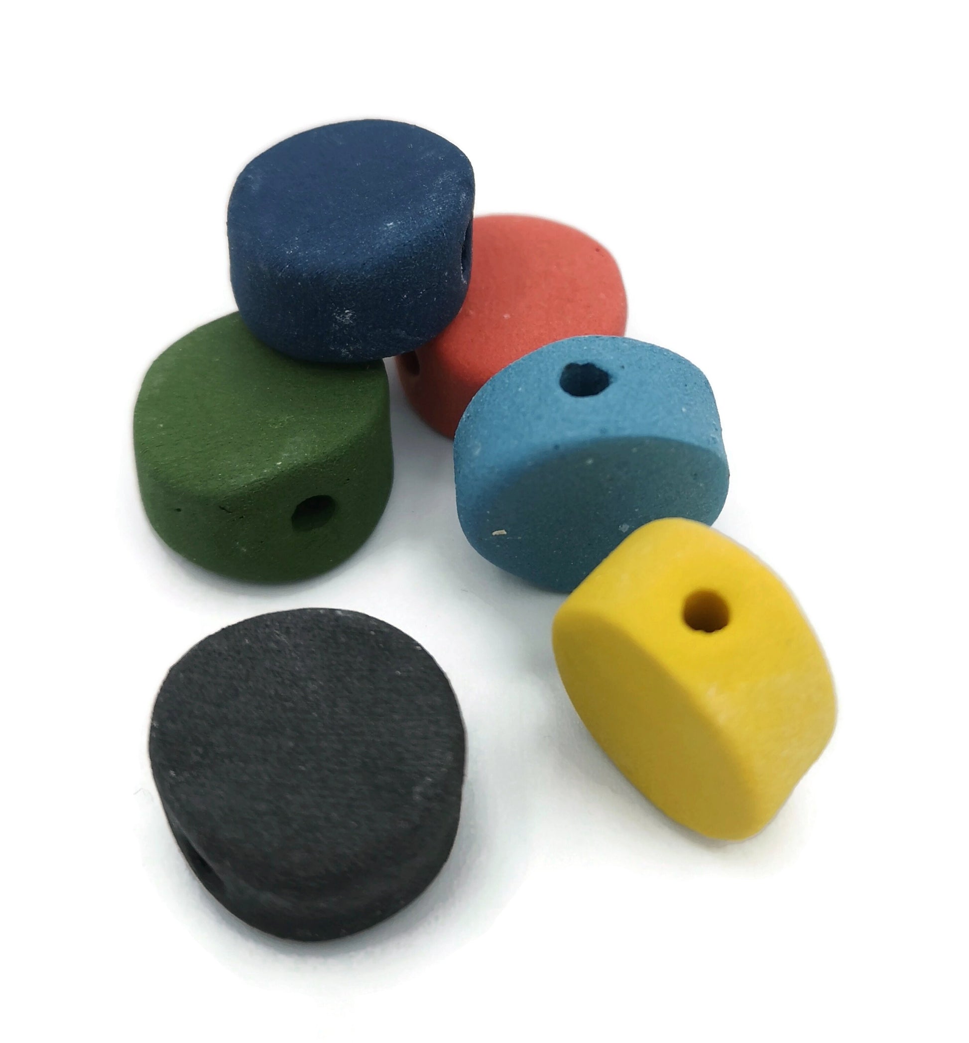 6Pc 15mm Assorted Large Coin Beads for Jewelry Making, Handmade Ceramic Macrame Beads Large Hole 2mm, Artisan Matte Clay Beads Unique - Ceramica Ana Rafael