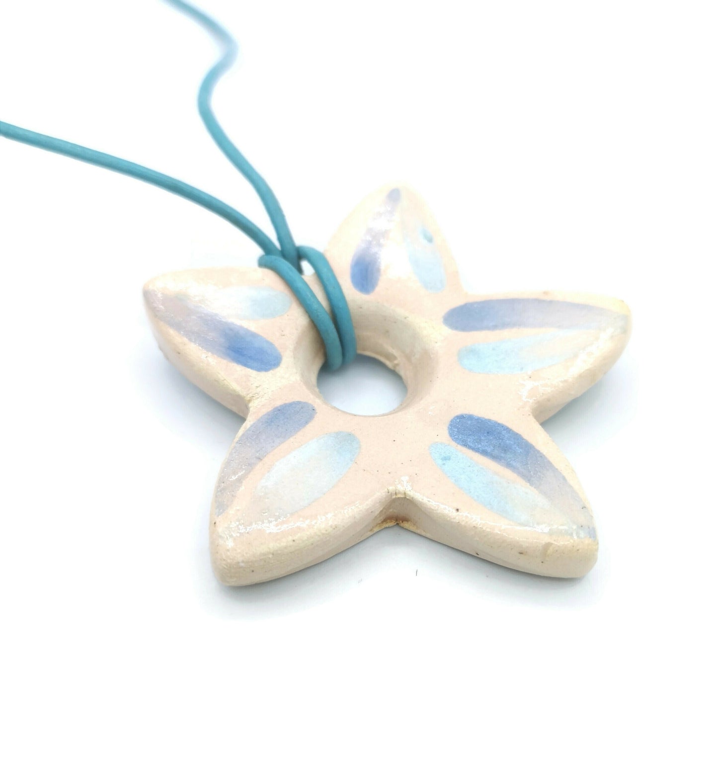 Handmade Ceramic Large Necklace Pendant For Jewelry Making, Big Artisan Flower Charms Hand Painted Beige And Blue, Cute Clay Charms - Ceramica Ana Rafael