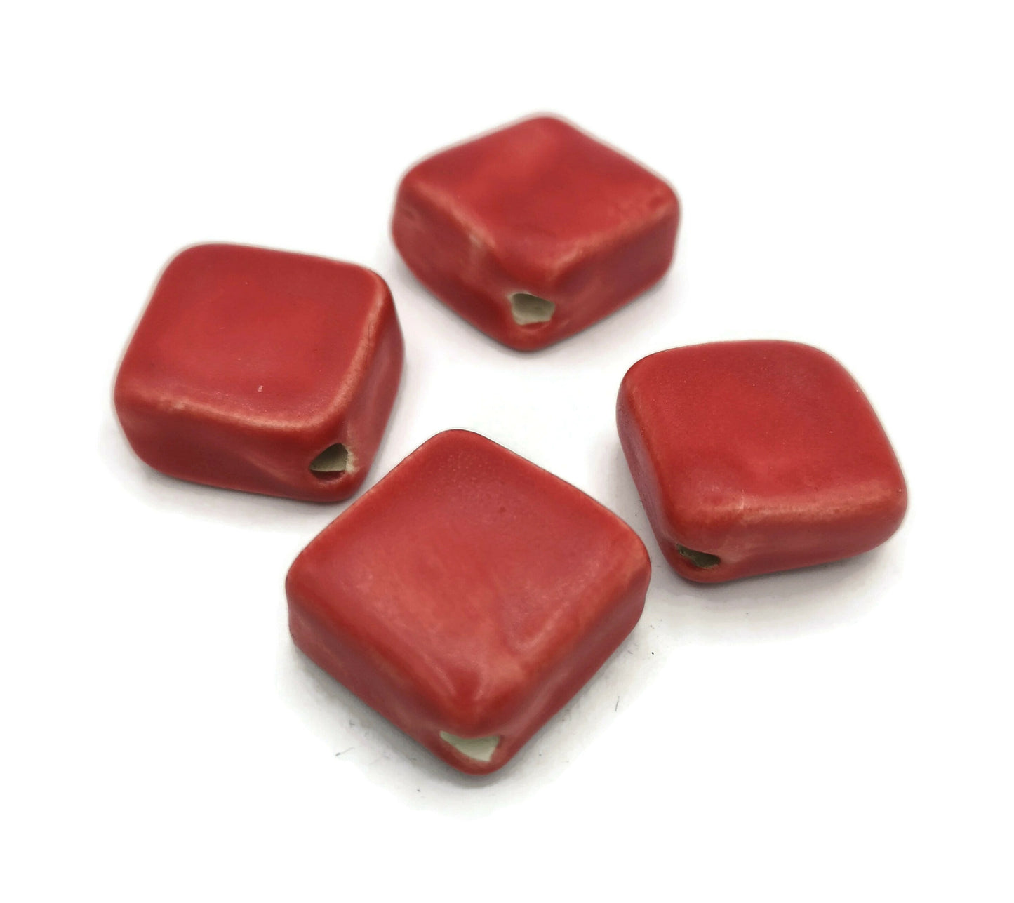 4Pc 20mm Large Square Handmade Ceramic Beads For Jewelry Making, Clay Decorative Unique Beads, Matte Red Macrame Beads Large Hole 2mm - Ceramica Ana Rafael