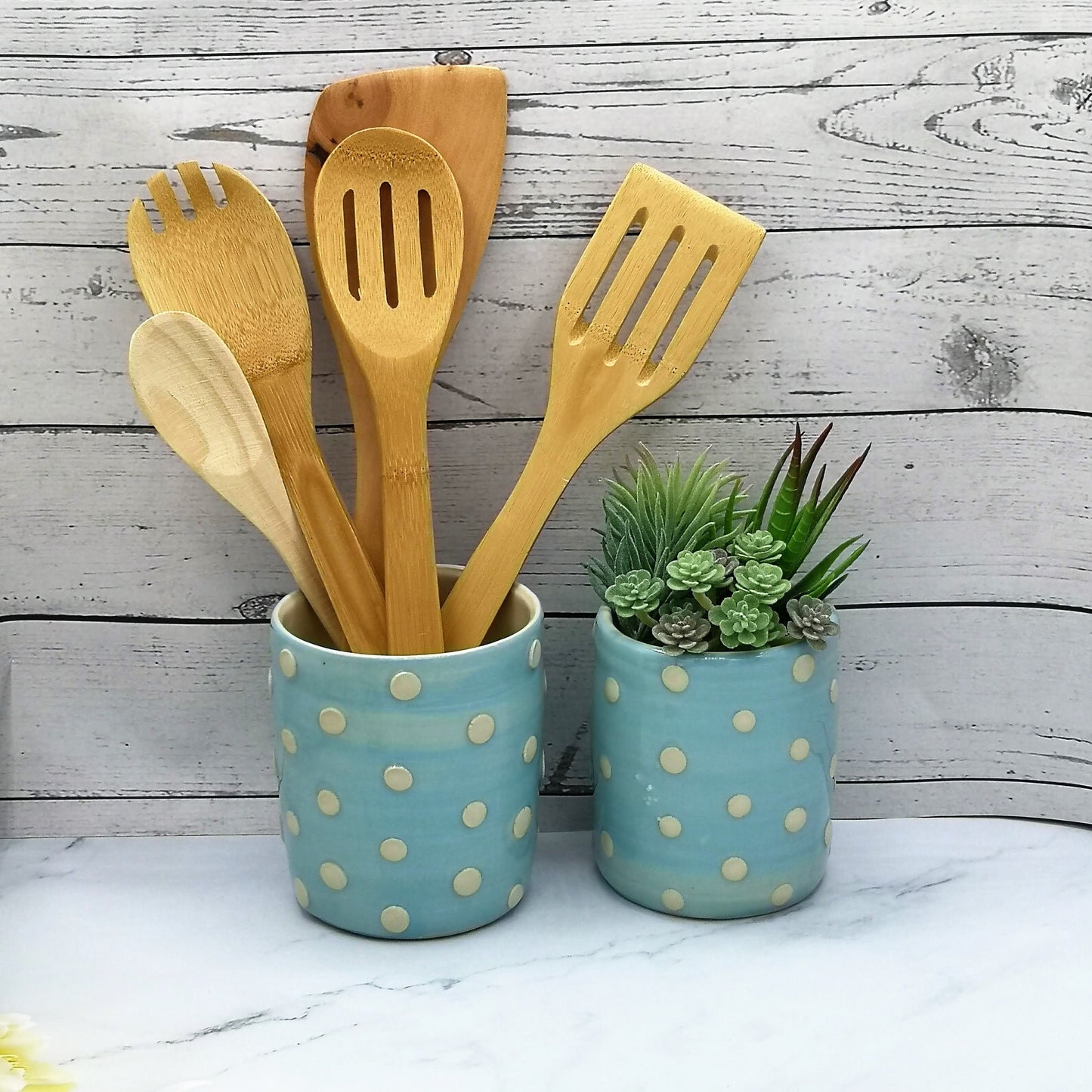 Large Utensil Holder For Kitchen Counter, Utensil Organizer Blue With White Dots, Unique Wedding Gift For Couple, Handmade New Home Gift - Ceramica Ana Rafael