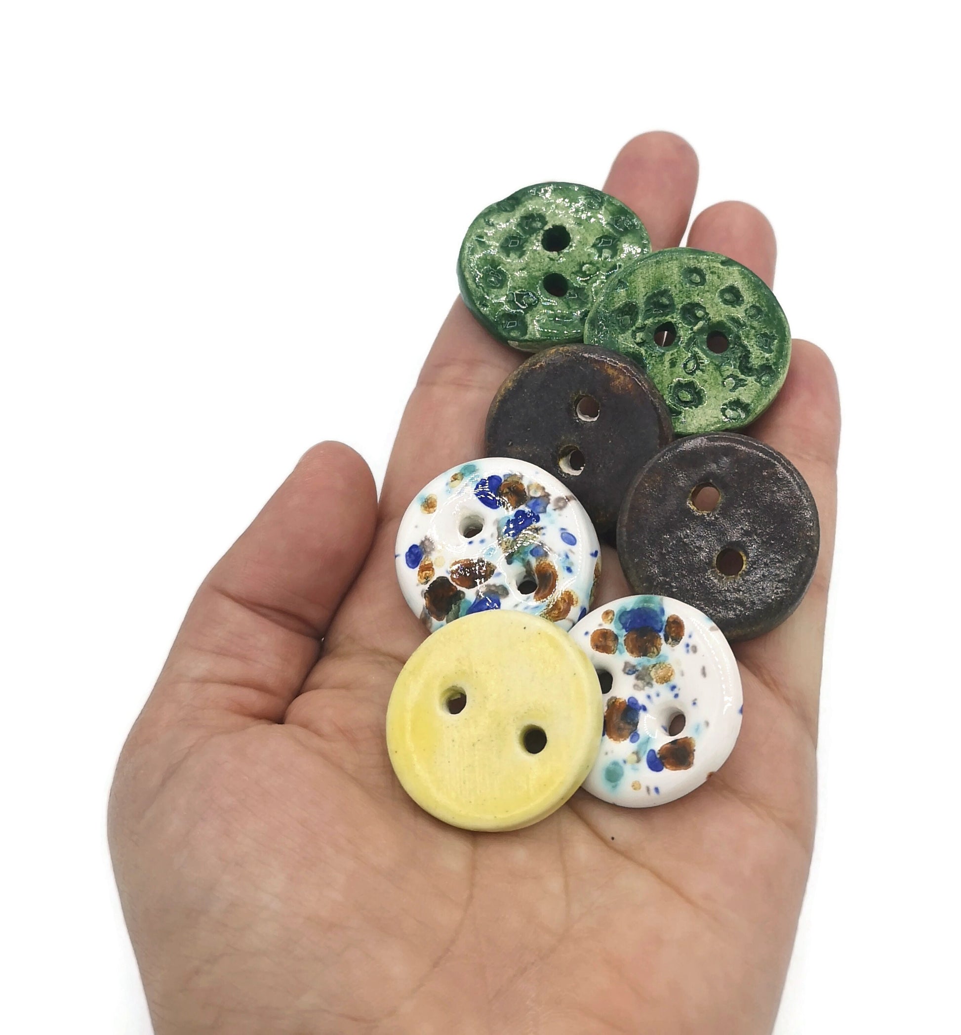 7Pc 30mm Round Buttons Set, Coat buttons, Handmade Ceramic Clothing Finishes Sewing Buttons Lot, Unusual Clay Buttons Hand Painted - Ceramica Ana Rafael