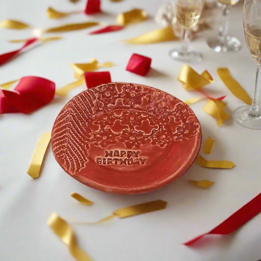 Red Handmade Ceramic Plate with Lace Texture – Unique Happy Birthday Gift