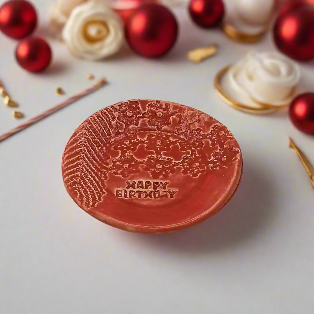 Red Handmade Ceramic Plate with Lace Texture – Unique Happy Birthday Gift