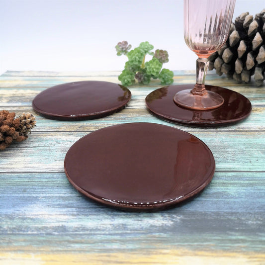 CERAMIC OFFICE COASTERS, Round Shaped Brown Handmade Cup Coasters For Men - Ceramica Ana Rafael