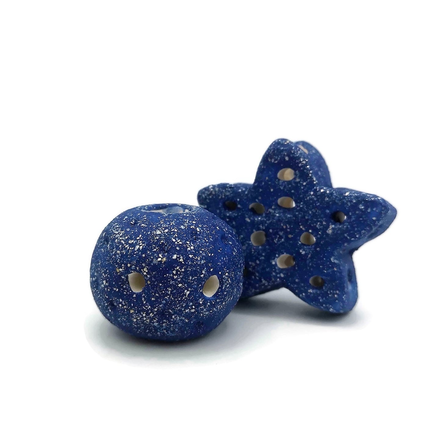 Extra Large Ceramic Beads, Giant Macrame Beads, Round Ball And Star Ornaments, Large Hole Beads Handmade, Sparkly Blue Focal Point Beads - Ceramica Ana Rafael