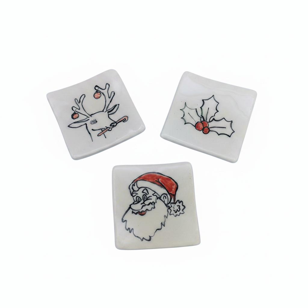 Handmade Christmas trinket dish collection with three festive designs