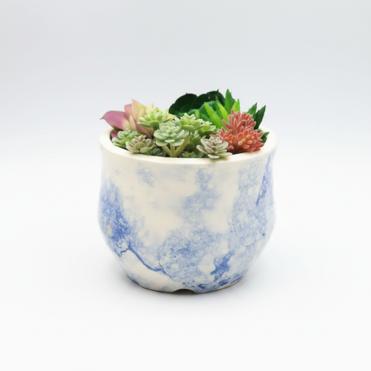 Blue and white handmade ceramic succulent planter with drainage hole