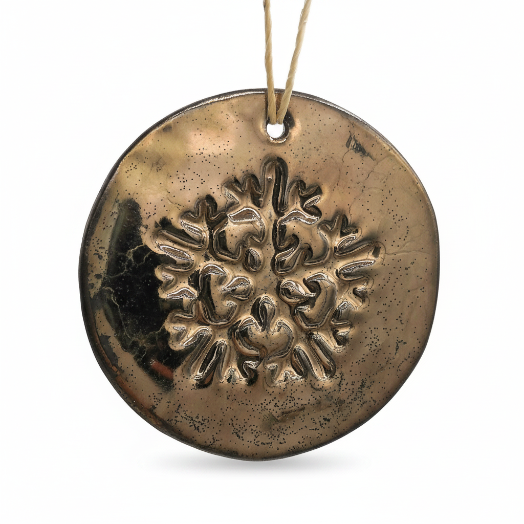 Handmade gold ceramic snowflake ornament with hanging cord