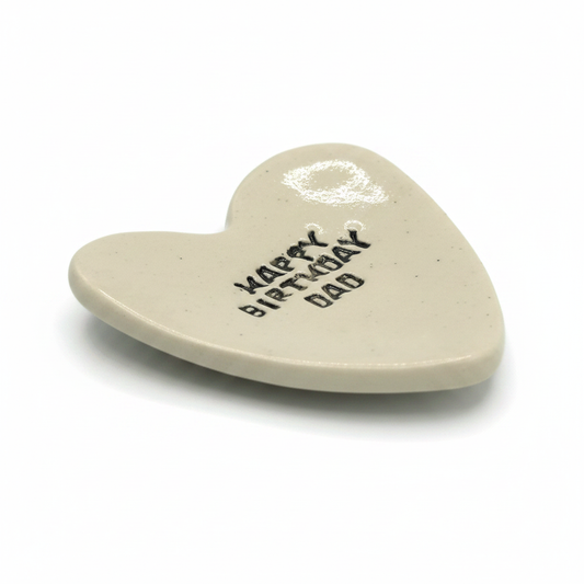 Handmade beige ceramic heart dish reading Happy Birthday Dad