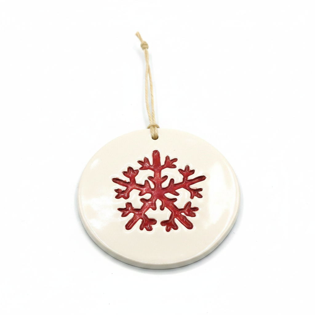 Handmade red snowflake ornament with hanging cord