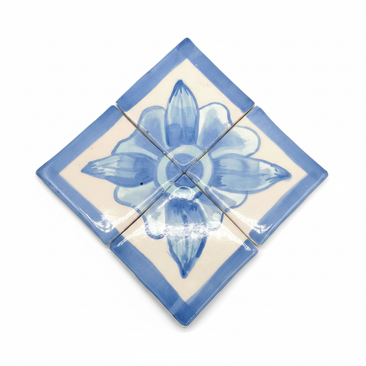 Blue and white handmade Portuguese ceramic tile panel with floral design