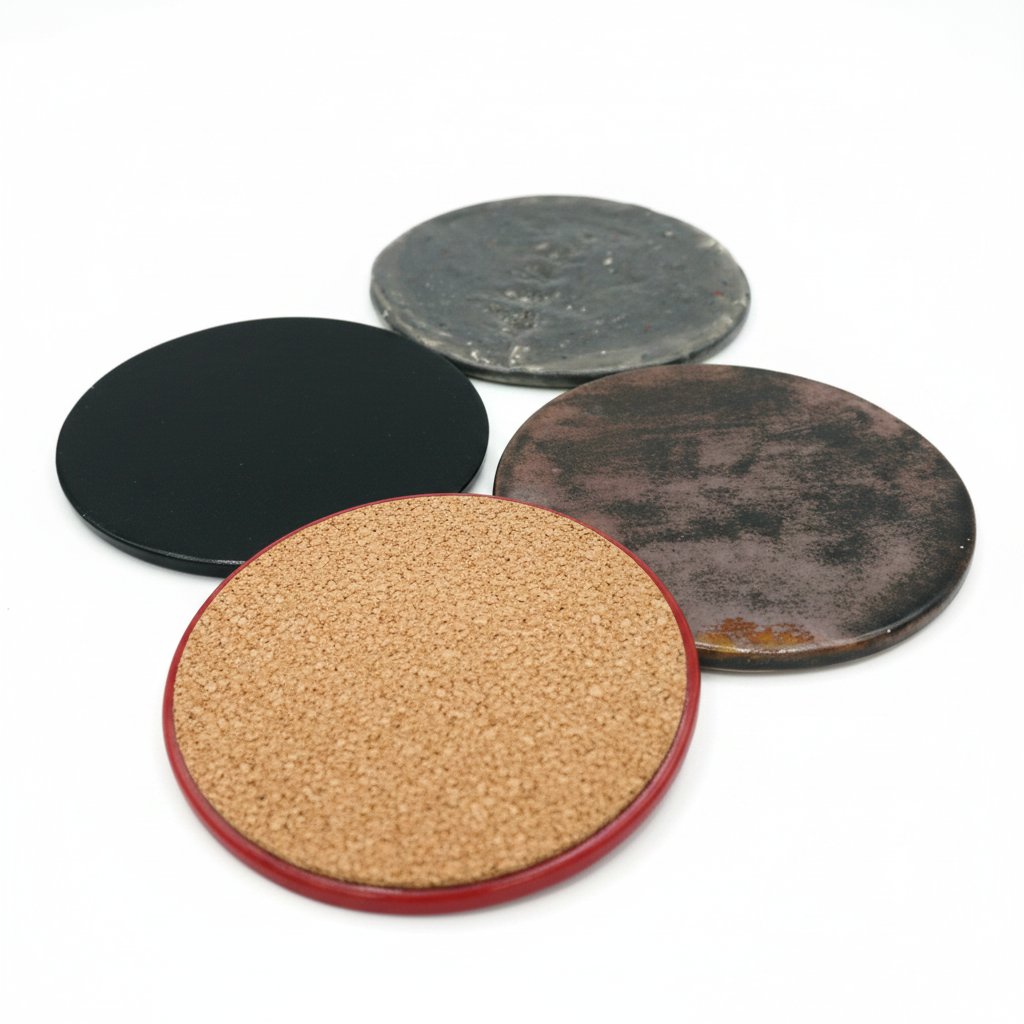Four round handmade ceramic drink coasters