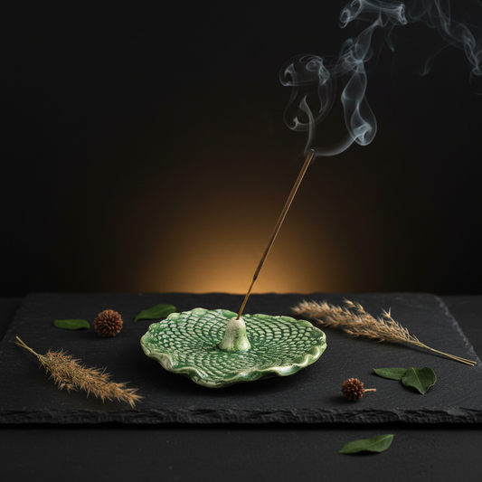 Green ceramic incense holder with incense stick burning on dark stone surface