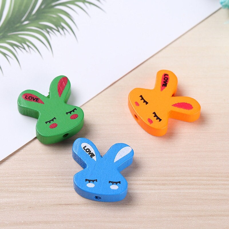 50Pc Colorful Rabbit Wooden Beads – 21mm Large Hole Beads for Jewelry & Macrame