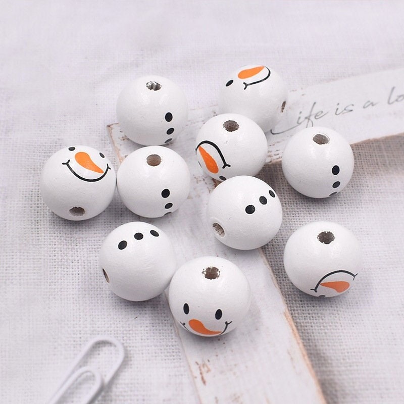 1/10/20/50Pcs 20MM White Printed Wooden Beads - Christmas Snowman Macrame Beads, Large Hole for Jewelry Making