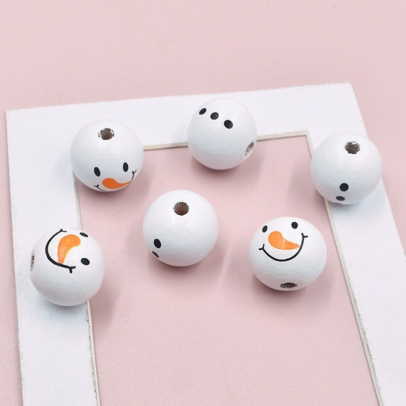 1/10/20/50Pcs 20MM White Printed Wooden Beads - Christmas Snowman Macrame Beads, Large Hole for Jewelry Making