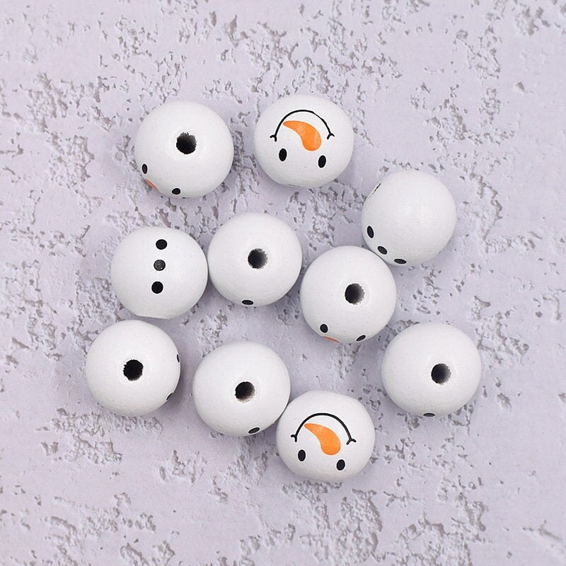 1/10/20/50Pcs 20MM White Printed Wooden Beads - Christmas Snowman Macrame Beads, Large Hole for Jewelry Making