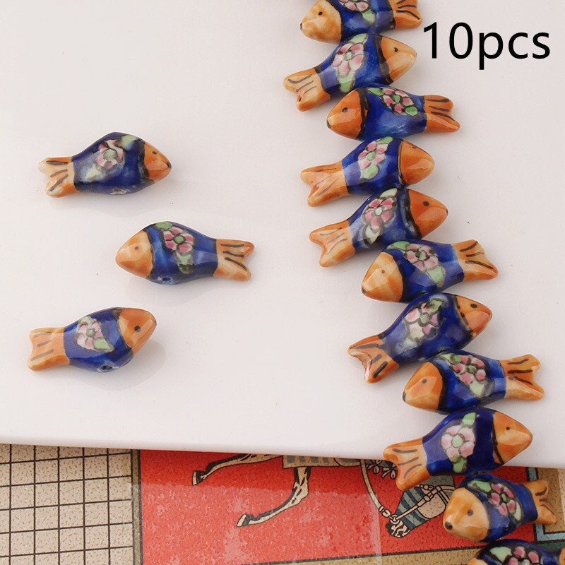 Hand-Painted Ceramic Fish Beads, 13x27mm Large Hole Macrame Beads