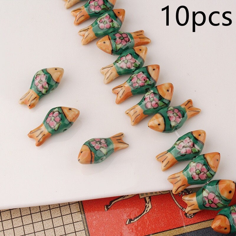 Hand-Painted Ceramic Fish Beads, 13x27mm Large Hole Macrame Beads