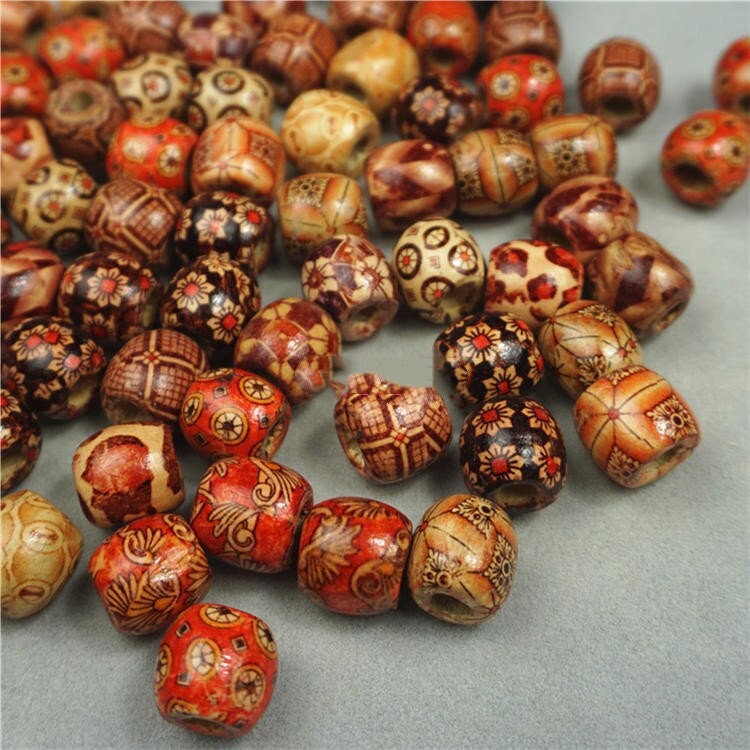 Painted Wooden Beads 11x12mm – Large Hole Patterned Macrame Beads