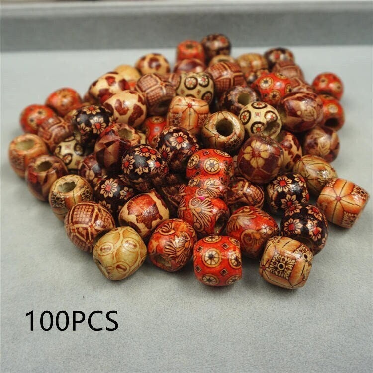 Painted Wooden Beads 11x12mm – Large Hole Patterned Macrame Beads